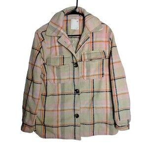 So Tan and Pink Flannel Shacket Woman's Small With Pockets  Polyester Wool blend
